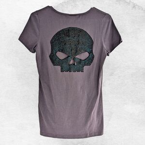 Vintage y2k Harley Davidson Embroidered Baby Tee Skull Winnipeg Manitoba Medium